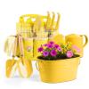 Floraxa 8Pcs Kids Gardening Set with Metal Basket & Real Metal Tools, STEM Outdoor Kit, Ergonomic Wooden Handles, 3 Shovels, Rake, Watering Can, Gloves, Gift for Toddler Boys Girls, Yellow view 1