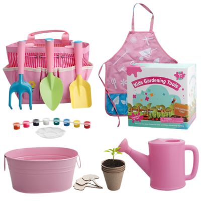 Temeemeg Kids Gardening Set, 11PCS Toddler Gardening Set Include Shovel, Rake, Fork, Flower Pot, Apron, Watering Can Tote Bag, Colorful for Kids...