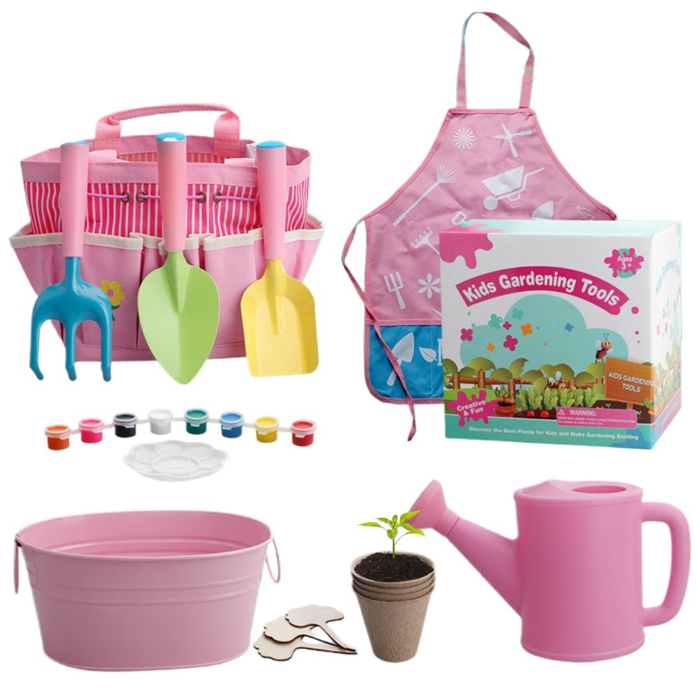 Temeemeg Kids Gardening Set, 11PCS Toddler Gardening Set Include Shovel, Rake, Fork, Flower Pot, Apron, Watering Can Tote Bag, Colorful for Kids...