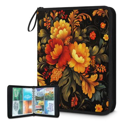 DJYQBFA Card Binder 4 Pocket with 50 Removable Sleeves - Holds 400 Trading Cards, Orange Floral Pattern Black 4-Ring Zip Top Loader Binder, Protective Album for Collectors