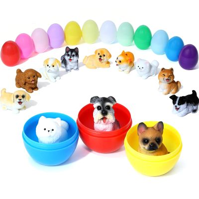 12Pcs Pre-filled Easter Eggs with Realistic Dog Figures - 2.36" Colorful Eggs & Solid Resin Puppy Toys - Hand-Painted Eyes & Mouth - Includes Golden Retriever, French Bulldog, Schnauzer & Corgi
