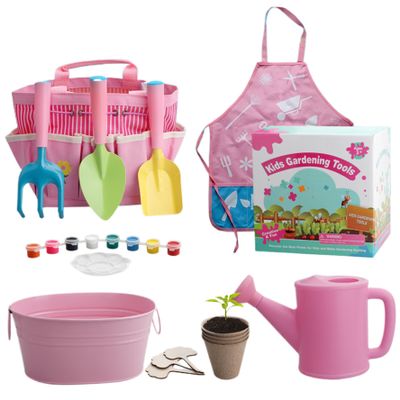 Monetais Kids Gardening Set, 11PCS Toddler Gardening Set Include Shovel, Rake, Fork, Flower Pot, Apron, Watering Can Tote Bag, Colorful for Kids