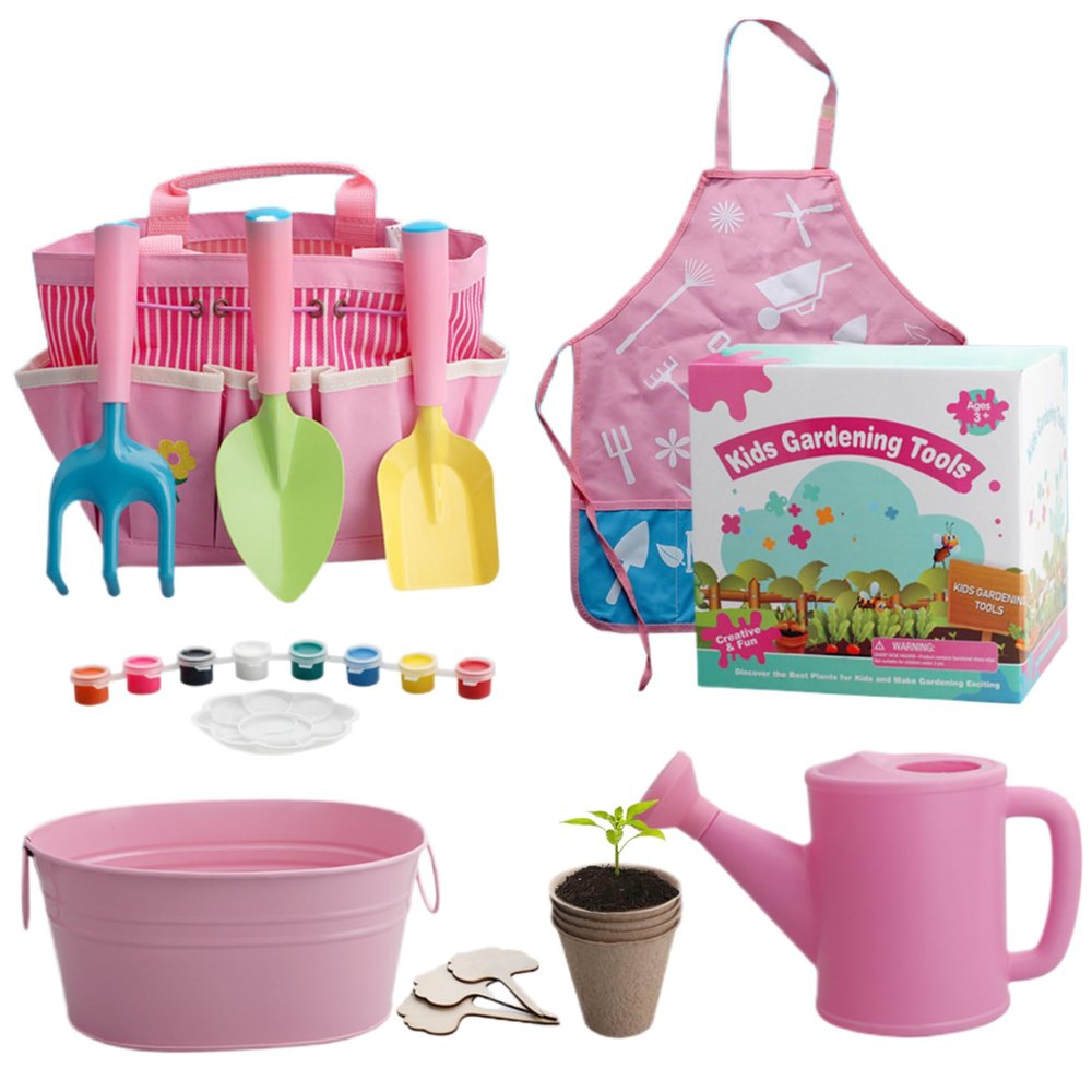 Monetais Kids Gardening Set, 11PCS Toddler Gardening Set Include Shovel, Rake, Fork, Flower Pot, Apron, Watering Can  Tote Bag, Colorful for Kids