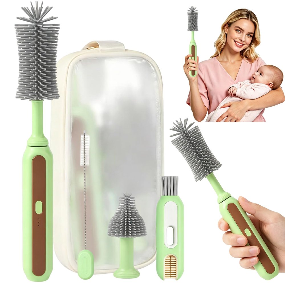 Portable 4-in-1 Electric Baby Bottle Cleaning Brush Set (Green)