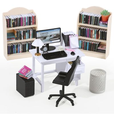 1:12 Scale Mini Desk Set with 100 Mini Books & 2 Bookshelves Miniature Dollhouse Furniture Set with Office Chair, Computer & 15+ Accessories Mini Desk Accessories for Doll House Diorama