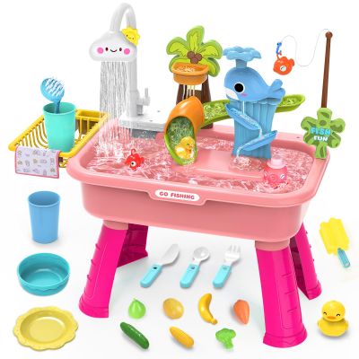 Water Table for Toddlers 1-3Water Table with PumpRole Play Sensory ToysToy Kitchen Sets for Kids Ages 4-8, Play Sink with Running Water & Electric FaucetOutdoor Toys for Toddlers 1-3(Pink)