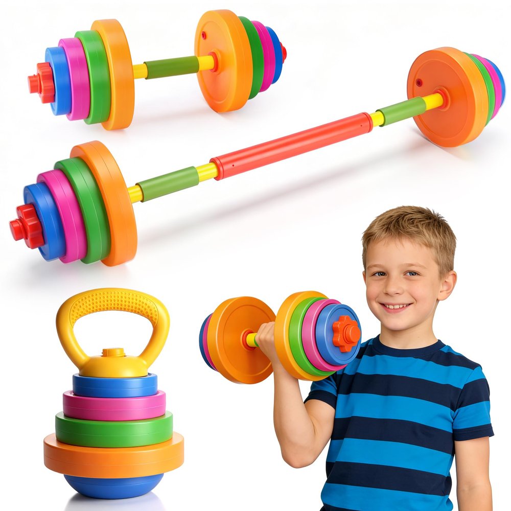 AuntyFey Kids Workout Equipment, 3 in 1 Adjustable Weight Toy Equipment for Children Pretend Play Exercise, Toddler Beginner Gym, Fitness for Birthday Gifts (Dumbbell, Barbell, Kettlebell