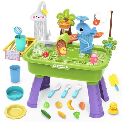 Water Table for Toddlers 1-3Water Table with PumpRole Play Sensory ToysToy Kitchen Sets for Kids Ages 4-8, Play Sink with Running Water & Electric FaucetOutdoor Toys for Toddlers 1-3(Green)