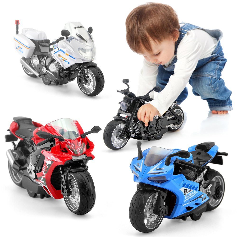 4-Pack Motorcycle Toys for Kids - Friction Powered with Lights,Sounds & Automatic Drive,Diecast Police Motorcycle Model Toys,Toddler Dirt Bike Toys,1:12 Pull Back Toy Motorcycle for Kids Age 2-4 3-5