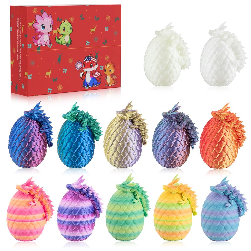 Dxldfks 12PCS 3D Printed Dragon with Egg, Small Articulated Crystal Dragons Eggs for Easter Basket Stuffers Home Office Decoration Executive Desk Toys