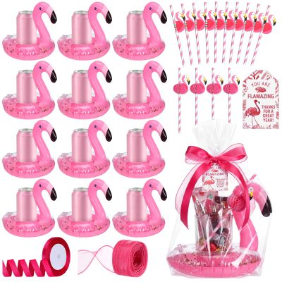 12 Set Flamingo Teacher Appreciation Gifts for Women with Flamingo Straws Inflatable Drink Holder Opp Bags Thank You Card Ribbon for Summer Teacher Graduation End of Year Back to School Party Favors