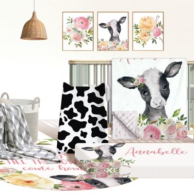 Kryvoxc Personalized Baby Crib Bedding Set, Custom Name Nursery Bedding, Farm Cow 5 Pcs Baby Bedding Set for Girl Boy, Double Layer Crib Set, Custom Gifts