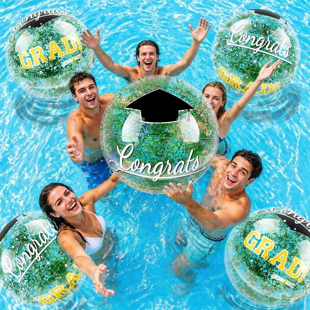 12 Pcs Graduation Beach Balls 16 Inch Class of 2026 Inflatable Green Glitter Beach Ball Large Congrats Grad PVC Confetti Pool Balls for 2026 Graduation Party Decor Summer Swimming Pool Party Supplies