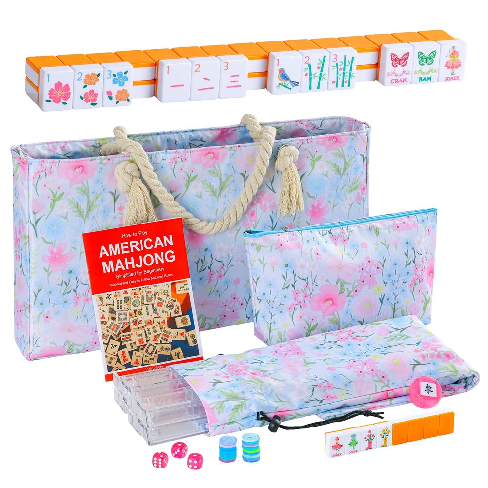 2026 American Mahjong Set Complete with Blue Carrying Bag, 160 Orange Mahjong Tiles, 4 All-in-One Transparent Mahjong Racks with Pushers, Majiang Tile Set