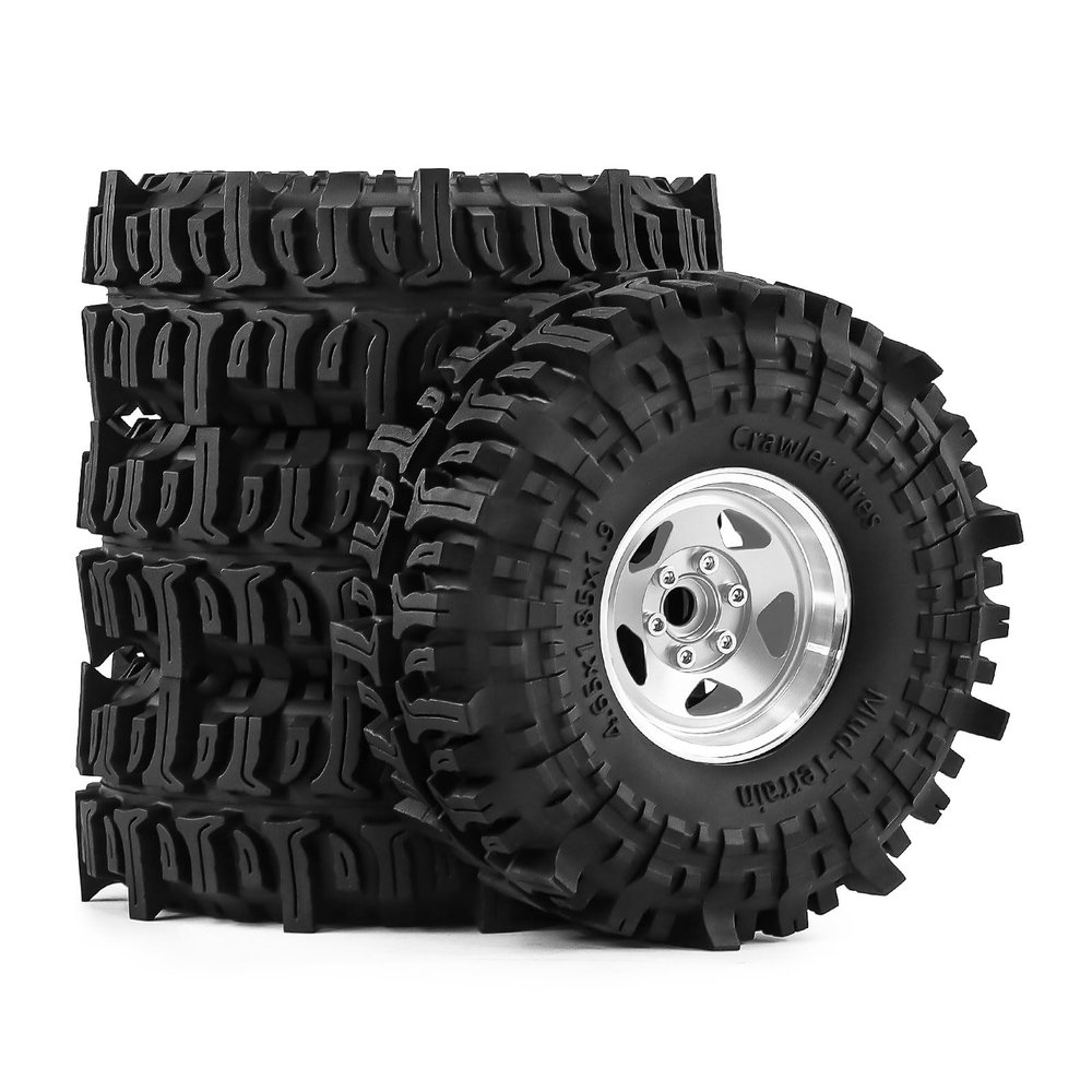 1.9" Pre-Assembled Beadlock Wheels and Tires 118mm (4.65in) for SCX10 TRX4 1/10 RC Crawlers Aluminum Rims, Soft Rubber Tires with Foam Inserts, Easy-Install Upgrade Parts (Silvery)