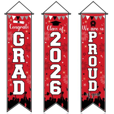 3PCS Graduation Decoration Banner Congrats Grad Porch Sign Class of 2026 Door Hanging Banner Congratulations Graduate Door Sign for High School College Graduation Party Supplies (Red)