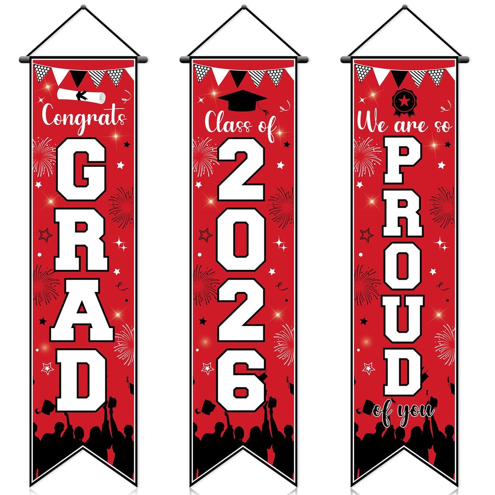 3PCS Graduation Decoration Banner Congrats Grad Porch Sign Class of 2026 Door Hanging Banner Congratulations Graduate Door Sign for High School College Graduation Party Supplies (Red)