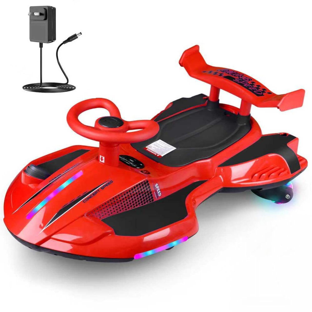 12V Electric Wiggle Car with Pedal, Rechargeable 2-in-1 Swing Car, Drifting Car with Backrests, Anti-Rollover, Spray, Flashing Lights, Music, Bluetooth, for Ages 3 and Up, 150 lbs (Red)