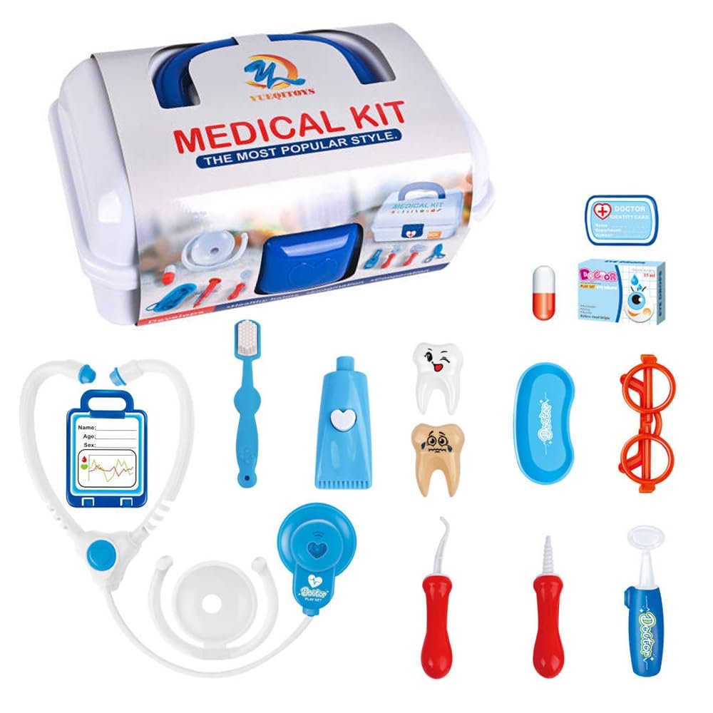 Funien Kids Doctor Playset 15pcs Interactive Medical Toys for Toddlers 3-5, Roleplaying Doctor Kit for KidsABS Blue, White, Red 8.9"
