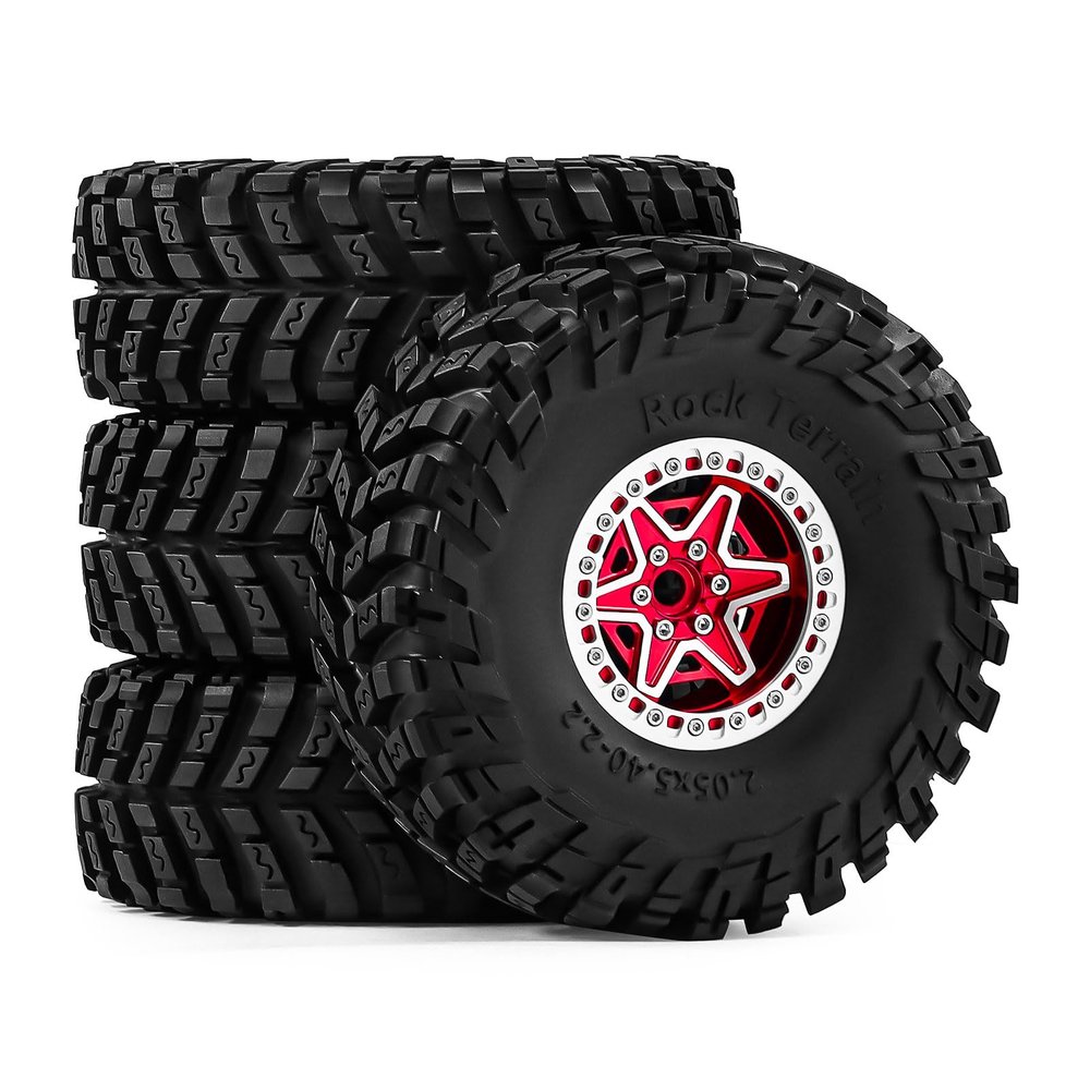 2.2 Beadlock Wheels and Rubber Tires - Tire Diameter, for 1/10 Axial SCX10/RBX10/Wraith 90048/90018 TRX4 (Blue) (red)