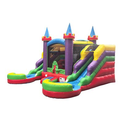 POP JUMP 16'x15'x12' Crossover Rainbow Castle Inflatable Bounce House with Dual Water Slide & Pool, 100% PVC Vinyl, Includes Blower, Basketball Hoop, Front Load Entrance for Easy Supervision