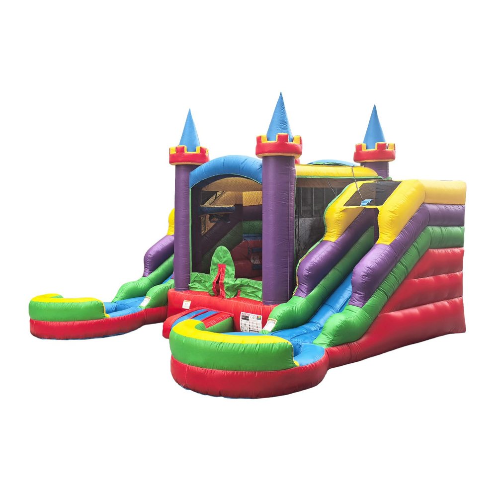 POP JUMP 16'x15'x12' Crossover Rainbow Castle Inflatable Bounce House with Dual Water Slide & Pool, 100% PVC Vinyl, Includes Blower, Basketball Hoop, Front Load Entrance for Easy Supervision