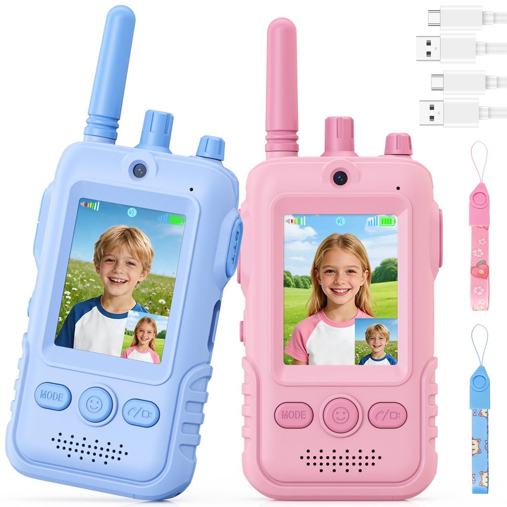 Walkie Talkies for Kids, 2 Pack Rechargeable Video Intercom Kids Walkies Talkies, Indoor Outdoor Toys Gifts for Family Games, Outside, Camping, Hiking for Boys Girls Ages 3-6(Pink+Blue)