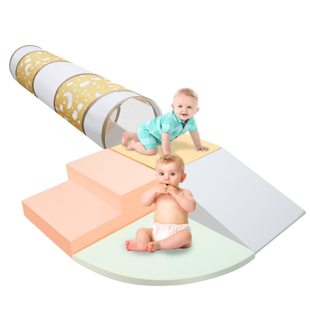 PATAZOK Climbing Toys for Toddlers, 4-Piece Soft Foam Climbing Blocks Set&Crawl Through Tunnel, Toddler Climbing Toys Indoor Foam Play Gym for Climbing Crawling and Sliding