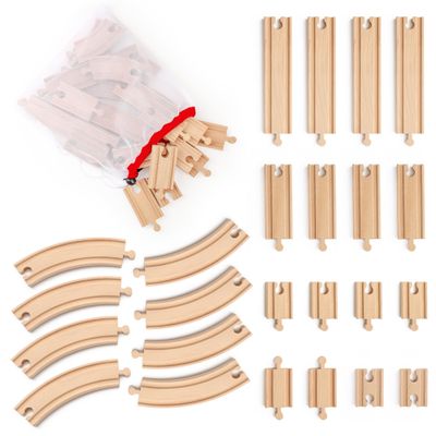 Wooden Train Tracks 24 Pieces Set, Track Expansion Pack with Storage Bag - Includes Male/Female Adapters - 100% Compatible with All Major Brands Including Thomas, Brio, Melissa & Doug