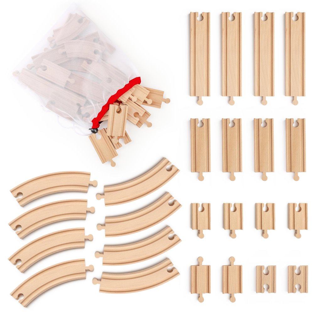 Wooden Train Tracks 24 Pieces Set, Track Expansion Pack with Storage Bag - Includes Male/Female Adapters - 100% Compatible with All Major Brands Including Thomas, Brio, Melissa & Doug
