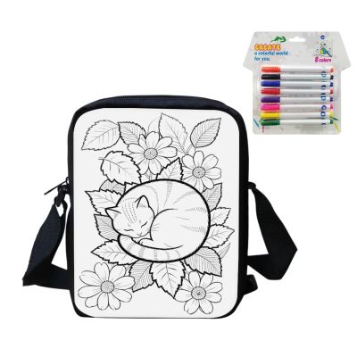 Babrukda Sunflower Color Your Own Bag for Adults Cute Cat Doodle Craft Kit with 8 Colored Marker Leaves Colorable Crossbody Purse with Strap for Creative Arts & Crafts Activity
