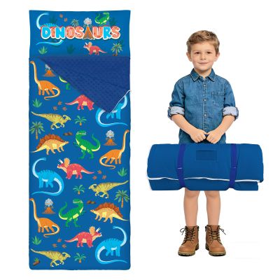 Toddler Nap Mat Sleeping Bag with Removable Pillow, 59" x 24" Kids Roll Up Portable Slumber Mat for Daycare, Kindergarten, Camping Lightweight, Soft & Easy to Clean for Girls and Boys, Dinosaur