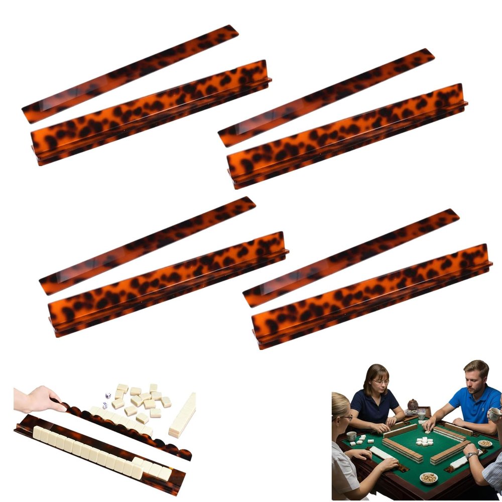4 Pack Tortoise Shell Rack & Pusher Set, Acrylic Mahjong Rack Set with Fully Detachable Magnetic Pushers, Tortoise Shell Mahjong Racks, Extended Length, Glossy Finish