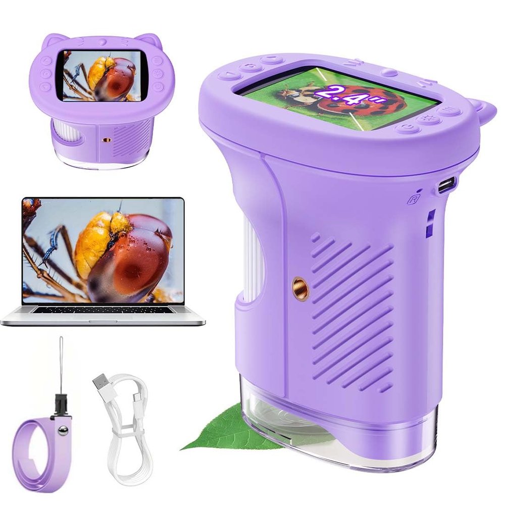 1000X Handheld Digital Microscope for Kids, 4K Kids Microscope with 2.4" Screen, 2001000X Magnification, Portable STEM Educational Toy for Boys and Girls Ages 512 (Purple)