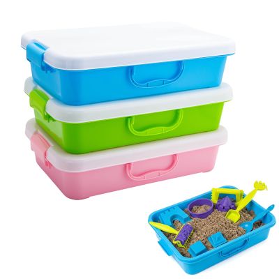 3 PCS Sand Container Compatible with Kinetic, Sand Tray with Lid, Stackable Sandbox Container, Plastic Storage Bins with Handle, Secure Closure, Ideal for Travel and Home Use (Blue, Green, Pink)