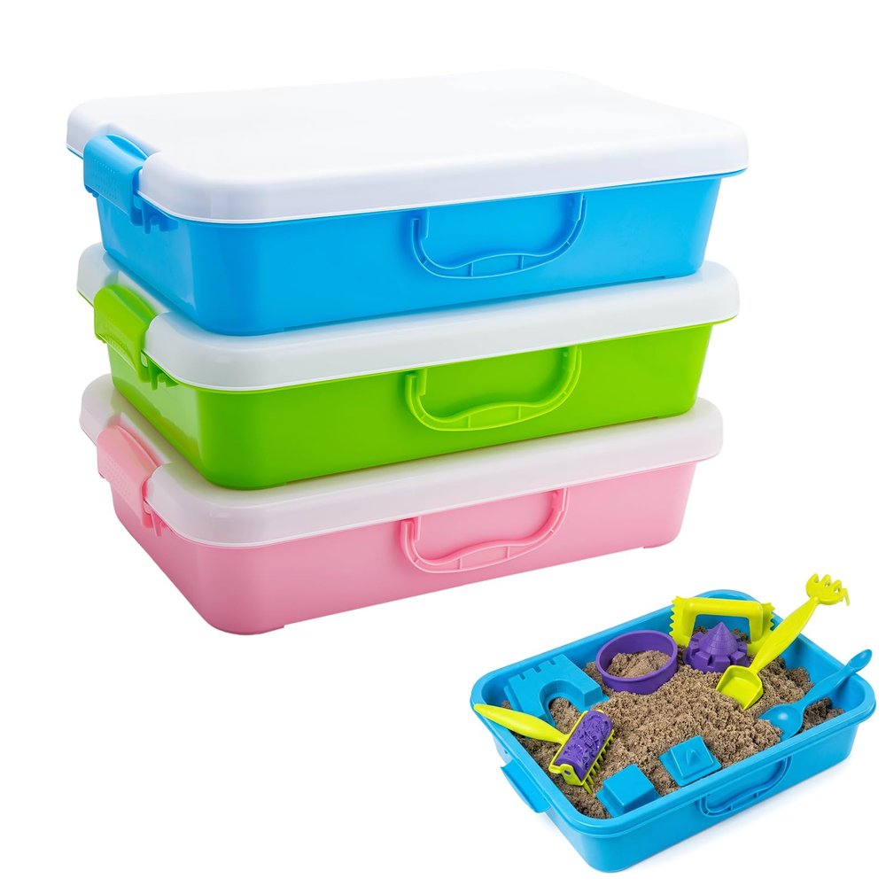 3 PCS Sand Container Compatible with Kinetic, Sand Tray with Lid, Stackable Sandbox Container, Plastic Storage Bins with Handle, Secure Closure, Ideal for Travel and Home Use (Blue, Green, Pink)