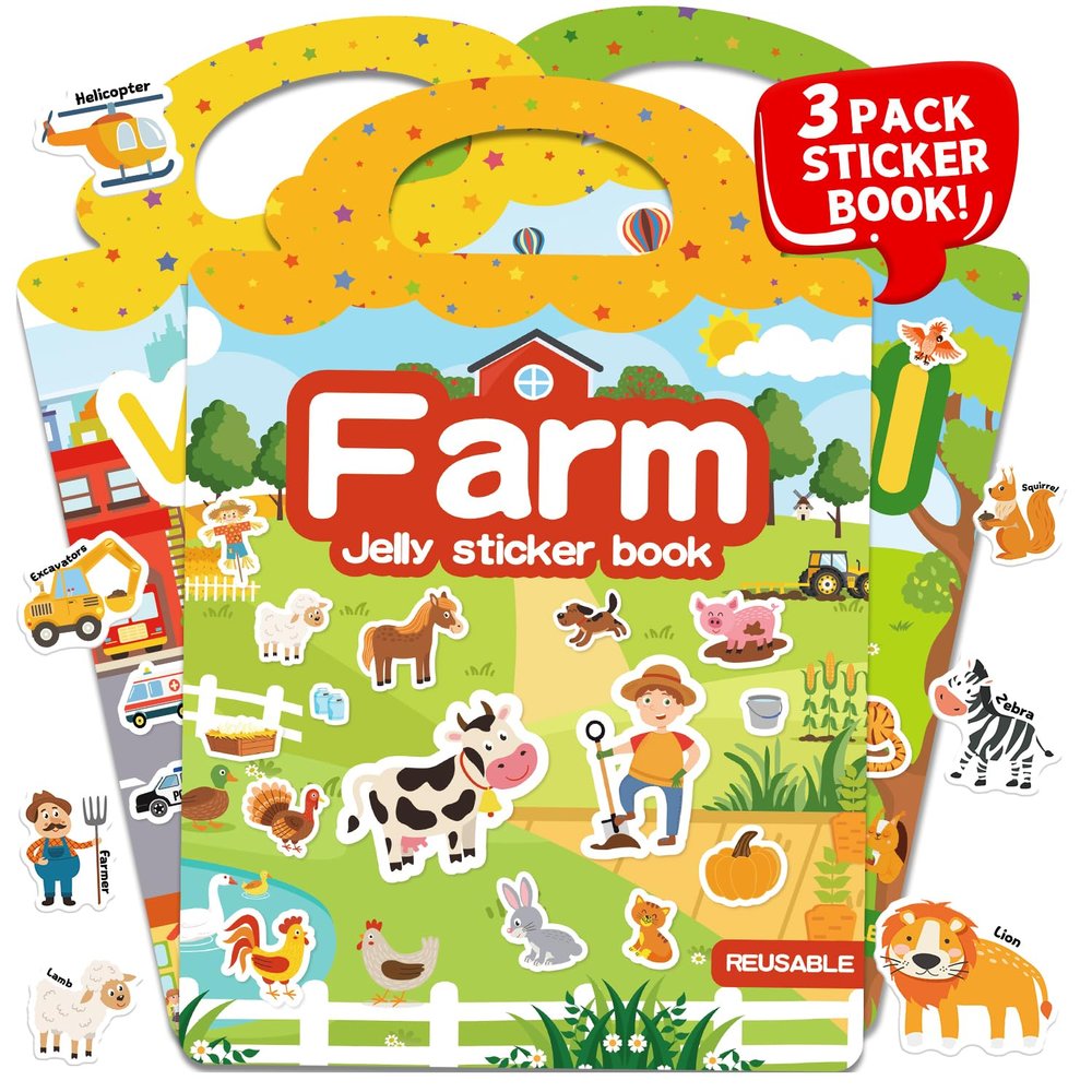 CREATIVETREES 3 Sets Reusable Sticker Book for Toddlers 3-6, Jelly Sticker Books for Toddler, Travel Sticker Activity Toys for Kids 3 4 5 6 Years Old Girls & BoysFarm + Vehicles + Animal