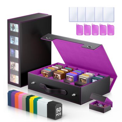 3900+ Trading Card Storage Box with Commander Display Window 5-Row MTG Card Case, Secure Mechanical Lock & Portable Handle for Easy Transport Perfect for TCG Sports Collectors (Black Purple)