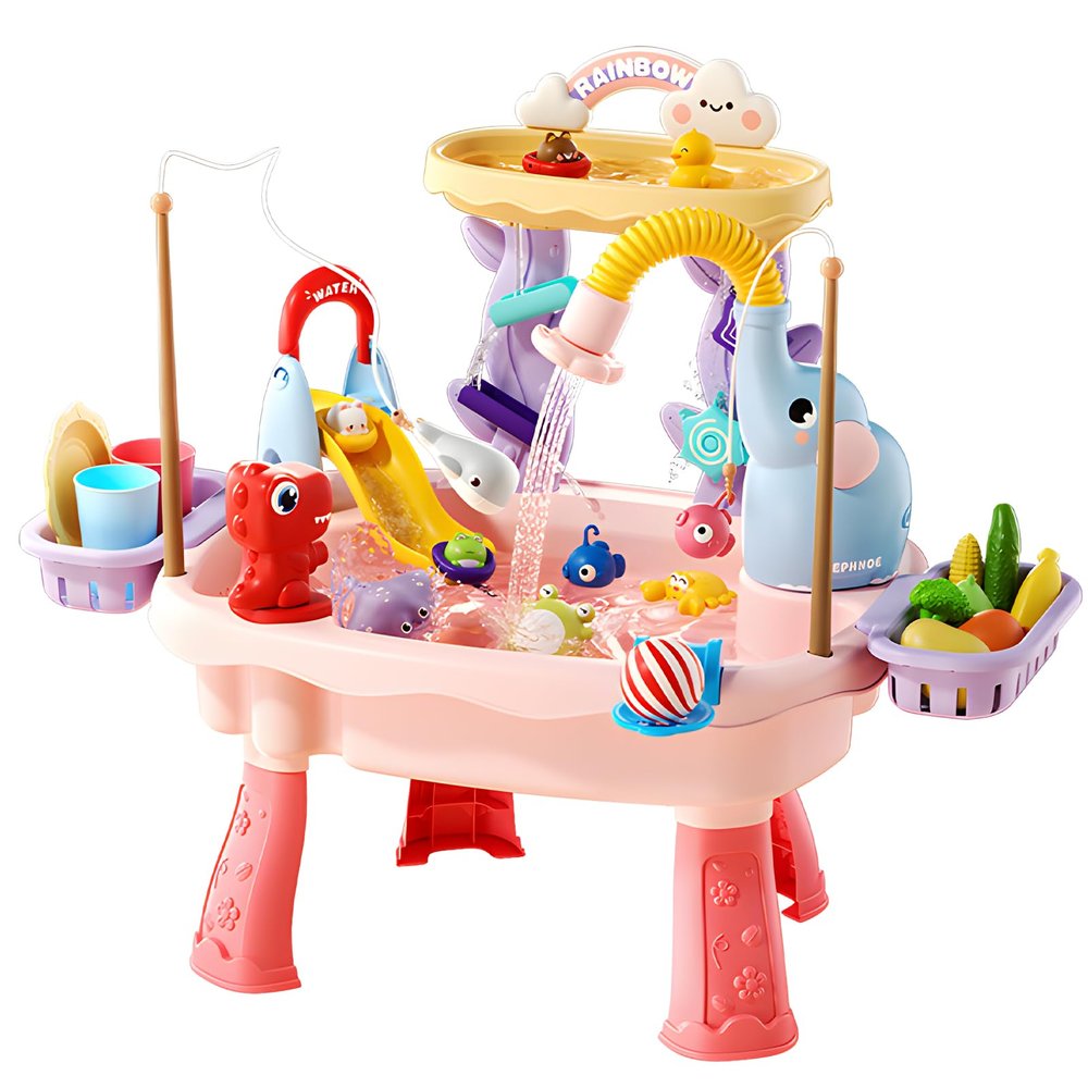 TUVBPK 2027 Upgraded Toddler Sand Water Table Toy with Electric Water Pump, Kids Sand Water with Faucet/Play Food Accessories/Fishing Toy, Kitchen Play Sink Toys for Girl Boy Age 3+ (Pink)