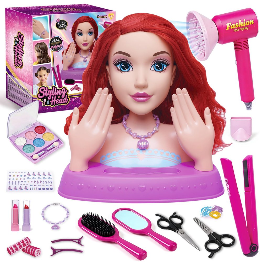 Hair Styling Doll Head 10.5" with Washable Makeup, Pretend Play Hair Salon Toy for Girls, Princess Styling Head with Hair Dryer, Rollers & 20+ Accessories, Birthday Gift for Girls Ages 310