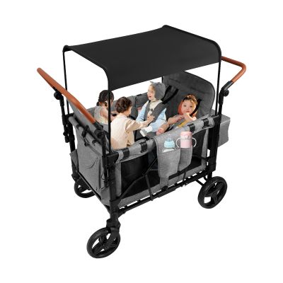 Wagon Stroller for 4 Kids, Foldable Kids Wagon Cart Featuring All-Terrain Wagon Cart with Removable Canopy, 5-Point Harness & Storage Organizer for Garden Beach Camping