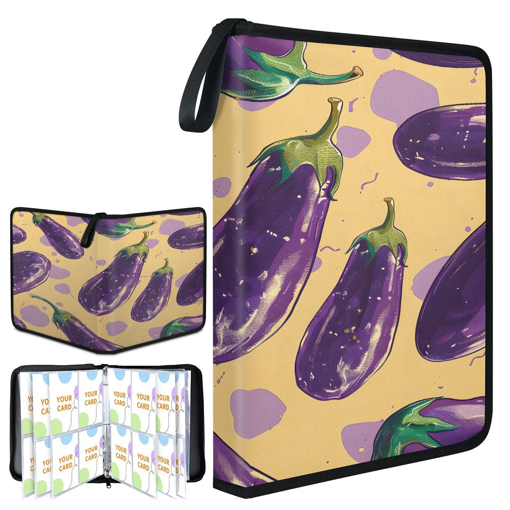 Gublec Card Binder, Shape Eggplants Trading Card Holder with Zip & Clear Sleeves, Leather, Holds 400/900 Cards for Game Cards, Sports Cards
