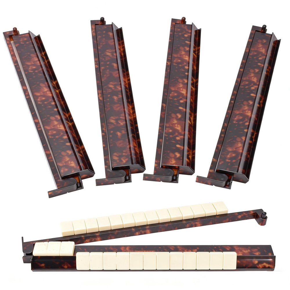 Tortoise Shell Acrylic Mahjong Rack Set, Mahjong Racks with Pushers, Majiang Tile Holder Acrylic Mahjong Racks Accessories (4pcs)