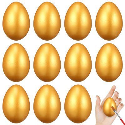 Abaodam Golden Wooden Easter Eggs, 12 Pcs Unpainted Natural Wood Fake Decor, Gold Fillable Style Solid Eggs for DIY Crafts and Toddler Play Kitchen
