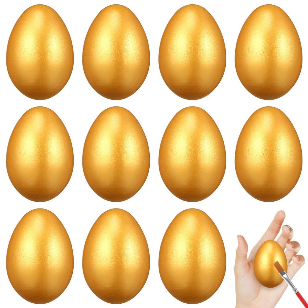 Abaodam Golden Wooden Easter Eggs, 12 Pcs Unpainted Natural Wood Fake Decor, Gold Fillable Style Solid Eggs for DIY Crafts and Toddler Play Kitchen