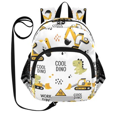 Cartoon Dinosaur Excavator White Print Toddler Harness Backpack for Boys Girls 3-6 Years Kids Backpack with Anti Lost Safety Leash Child Leash Backpack for Travel Preschool Walking