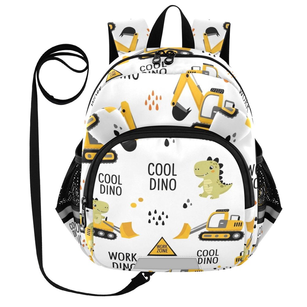 Cartoon Dinosaur Excavator White Print Toddler Harness Backpack for Boys Girls 3-6 Years Kids Backpack with Anti Lost Safety Leash Child Leash Backpack for Travel Preschool Walking