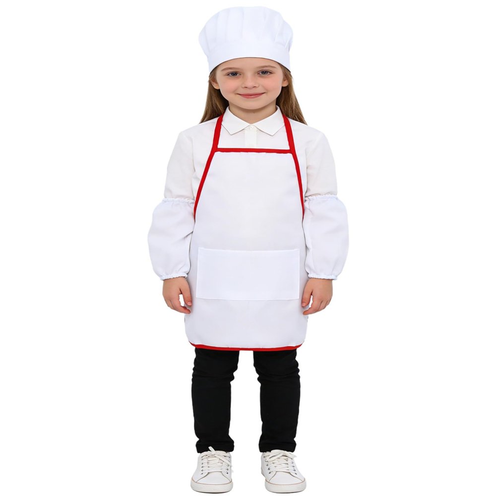 Moily Toddler Kids Chef Apron And Hat with Overseeleves 3 Pcs Children Cooking Baking Set White 9-10 Years