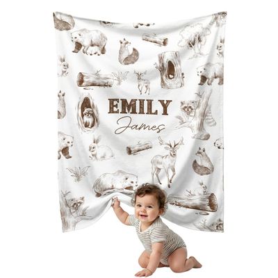 Personalized Baby Blanket for Boys Girls, Custom Name Color and Sizes, Woodland Animals Baby Blankets for Son Daughter, Super Soft Fleece Blanket, Lightweight Bed Throw Nursery Blanket