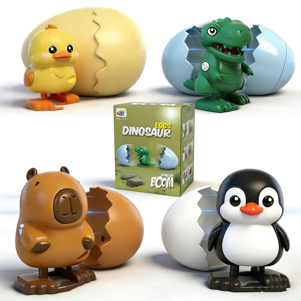 Keyrose 2026 New 4 PCS Wind Up Surprise Eggs, Animal Hatching Surprise Egg Toy, Easters Latest Gift, Boom Easter Eggs That Pop Open to Walking Dinosaurs, Penguin, Duck, Capybara